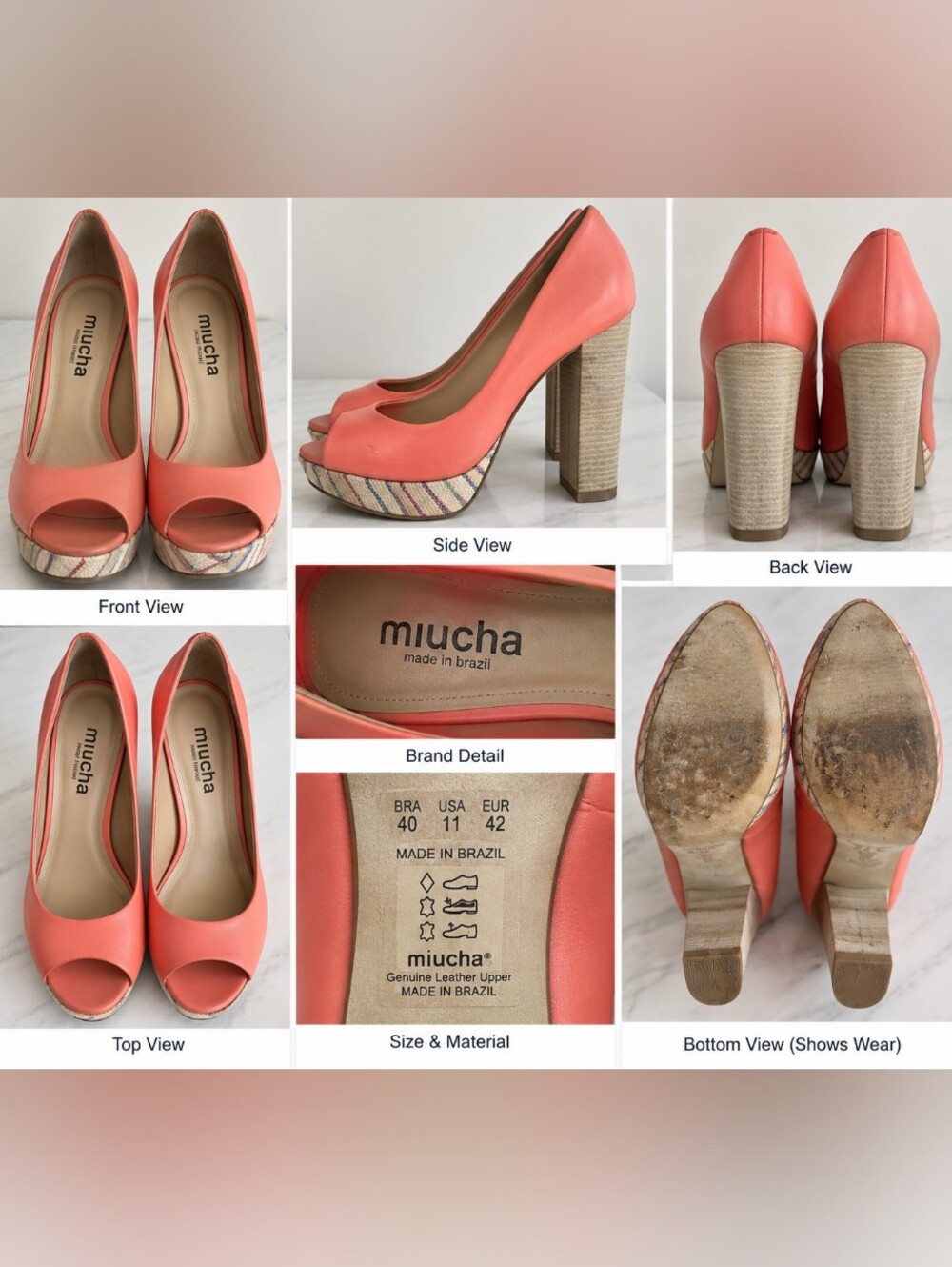 Miucha Coral Peep Toe Platform Pumps Size 11 Genuine Leather Made in Brazil
